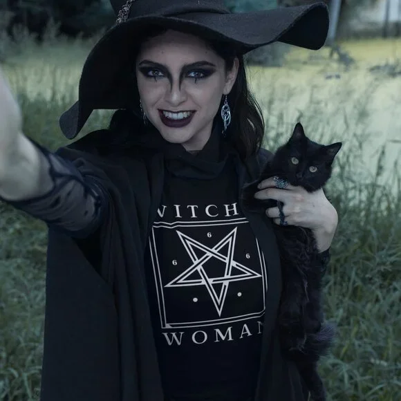 Handcrafted 'Witchy Woman' Black Cotton Shirt Small - 3XL - Picture 2 of 3